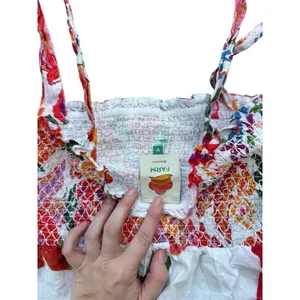 Farm Rio Mixed White Prints Layered Dress M Tropical Floral Tiered Linen Smocked thumbnail 6