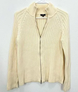 Talbots Cream Ribbed Mockneck Full‎ Zip Sweater Gilmore Girls Fisherman thumbnail 1