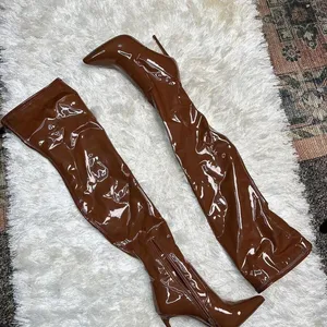 Steve Madden Viktory Cognac Patent faux leather sock Over The Knee 4” Stiletto Heel Boots Size 8M Excellent condition-worn once thumbnail 2