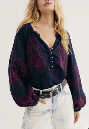 Free People Persuasion Embroidered Peasant Tunic Blouse M‎ Boho Cottagecore thumbnail 1