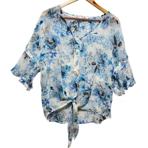 Umgee Women Top‎ S Blue Cottage Floral Chiffon Tie Front Ruffle Flutter Sleeve thumbnail 1