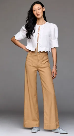 Maeve Colette Linen Blend Wide Leg Full Length Pants Camel High Rise Size 28 thumbnail 1