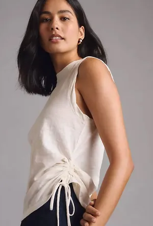 Anthropologie Pilcro Women's Ivory Sleeveless Ruched Cotton Top Sz S thumbnail 1