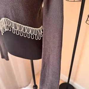Zara Rhinestone Fringe Crop Top Gray Ribbed Y2K Going Out Party Top Size L thumbnail 8