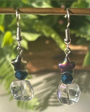 Handmade Iridescent Star Drop Earrings with Blue Accent thumbnail 1
