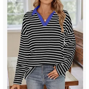 Women’s Striped Johnny Collar Long Sleeve T-Shirt Black /white Small thumbnail 2