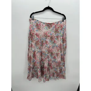 Chaps Denim Womens Large Pink Blue Floral Tiered Cotton Midi Skirt Boho Cottage thumbnail 3