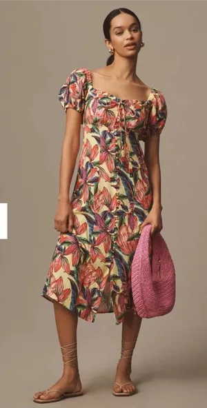 Farm Rio x Anthropologie Puff-Sleeve Sweetheart Linen‎ Midi Dress size XS thumbnail 1