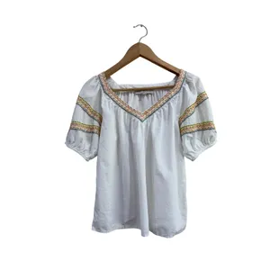 Loft Womens White Embroidered V-Neck Puff Sleeve Cotton Lyocell Blouse XS thumbnail 2