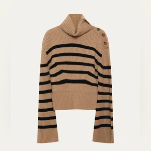 Simkhai Cashmere Wool Adrienne Striped Button Turtleneck Brown Sweater thumbnail 4