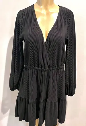Zara Pleated Dress Sz M Black Long Sleeves V-neck Mini thumbnail 1