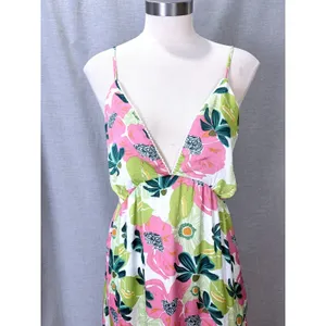 NWT Rubienn Maxi Dress L Pink Lime Green Floral Low Back Tiered Lace Trim Resort thumbnail 2