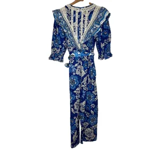 Farm Rio‎ Floral Linen Jumpsuit Tropical Puff Sleeve Women Medium NWT Blue White thumbnail 4