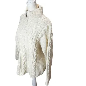 Inis Crafts Ireland Merino Wool Fisherman Cable Knit Zip Sweater Cream Small thumbnail 4