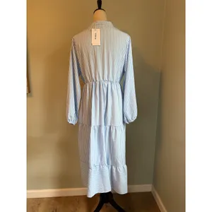 Blue White Striped Maxi Dress Long Sleeve L NWT costal preppy cottage resort boh thumbnail 4