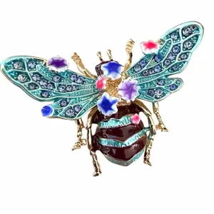Jeweled Bee Brooch Gold Tone Enamel Rhinestone Floral Insect Pin thumbnail 2