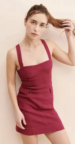 Anthropologie Square Neck Linen Blend Mini Cargo Stretch Dress 10 Burgundy Boho thumbnail 1