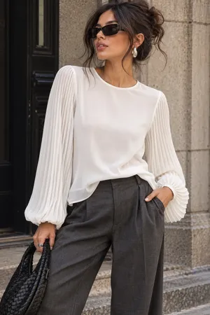 Zara White Pleated Balloon Sleeve Blouse Minimalist Romantic XS thumbnail 1