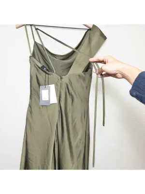 NWT ABS Allen Schwartz Everly Satin Drape Dress 2 Olive Green Slit One Shoulder thumbnail 12