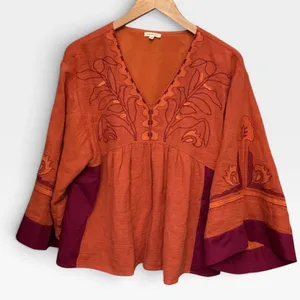 Jodifl Embroidered V-Neck Bell Sleeve Babydoll Top Orange Magenta G13191 thumbnail 2