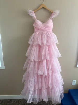 Lulus Fabulous Poise Light Pink Tulle Ruffled Tiered Maxi Dress Size Small NWT thumbnail 4