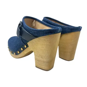Veronica Beard Dacey Denim Clogs Heels Studded Buckle Wood Blue‎ Size 9.5 thumbnail 8