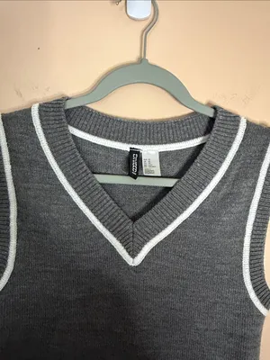 H&M Gray V-Neck Knit Sweater Vest with White Trim thumbnail 3