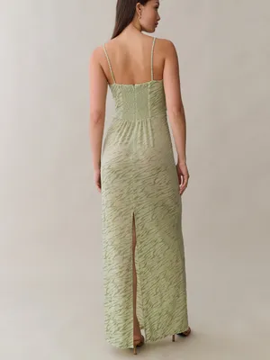 NWT Few Moda Selena Dress size 6 green key lime animal print velvet maxi kourt thumbnail 4
