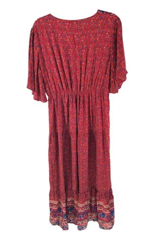 Pretty Garden Maxi Dress Prairie Ruffle Floral Cottagecore Romantic Red XL thumbnail 2