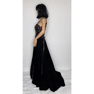 Late 80s Jeannie Nitro Gothic black velvet silk floral embroidered corset gown s thumbnail 6