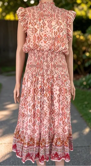 AQUA Boho Smocked Cotton Maxi Dress XL Pink Geometric Flutter Sleeve thumbnail 1