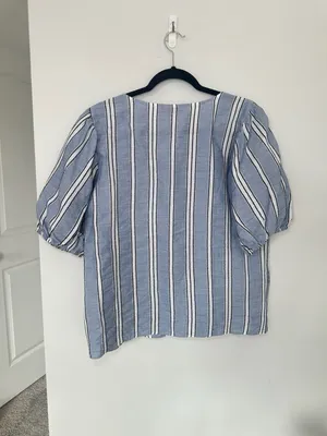 100% Cotton Loft Button Front Top Size L Blue White Striped Short Puff Sleeve Bl thumbnail 6