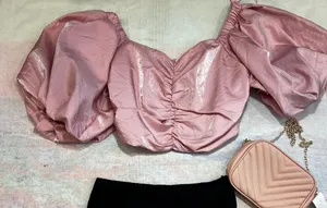 Revolve NWOT Boutique metallic puff sleeve ruched pink sweetheart crop top. Size Medium thumbnail 1