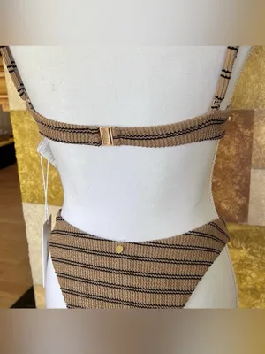 NEW Rhythm. Sol Stripe Hi Cut Adjustable Strap Two Piece XS Bikini Tan/Black Set thumbnail 7