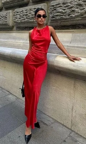 Zara dress Maxi Red satin Lingerie Fitted wedding Party thumbnail 1
