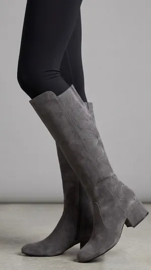 Marc Fisher LTD Grey Suede Embroidered Over The Knee Boots Block Heel Size 7M thumbnail 1