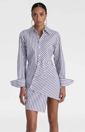 KBB Striped Asymmetric Shirt Dress in White and Navy thumbnail 1