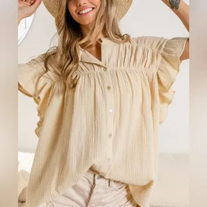 Bibi 100% Cotton gauze Babydoll Boho Chic Tunic Tan Size Medium thumbnail 3