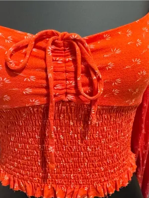 Urban Outfitters Orange Floral Smocked Tie-Front Long Sleeve Crop Top thumbnail 2