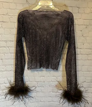 Dark brown & bronze mesh top with feather cuffs, M Size M thumbnail 1
