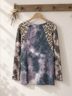 BiBi Tie-Dye Leopard Raglan Long Sleeve Top - Purple & Gray thumbnail 4