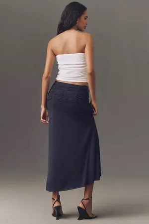 Anthropologie Maeve Dark Navy Blue Ruched Yoke Column Maxi Skirt thumbnail 4