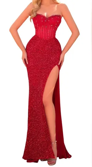 Unbranded Off shoulder Beaded Corset Slit Red Sequin Ruched Evening Gown Sz 6 A thumbnail 1