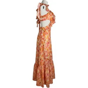 Micas Floral Ruffle Cut Out Maxi Dress Orange Pink Watercolor Size M NWT thumbnail 4