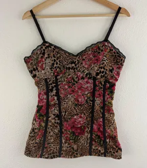 No Boundaries Vintage Y2K Brown Pink Leopard Rose Corset Style Mesh Babydoll Cami Tank Top thumbnail 3