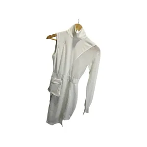 Shein Ivory Cream Mini Cocktail Dress Mesh S One Sleeve Mock Neck Stretch‎ thumbnail 3