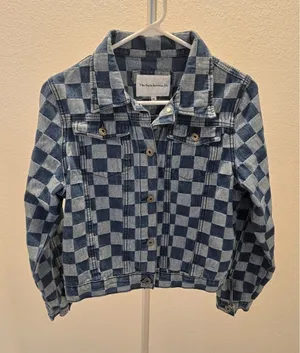 Forever 21 Checkered Board Print Cropped Trucker Denim Blue Y2K Jacket Medium thumbnail 1