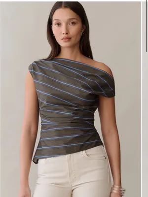 NWT o.p.t Tashi Cotton top size 2 Earthy Stripe one shoulder brown blue Few Moda thumbnail 5