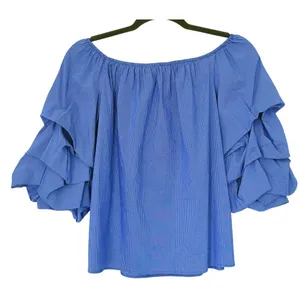 Zara Tiered Ruffle Off Shoulder Top XS Blue Pinstripe Retro European Coastal thumbnail 3