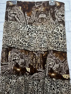 Notations Animal Print Elastic Waist Mid Length Brown Tiered Skirt Size L thumbnail 3